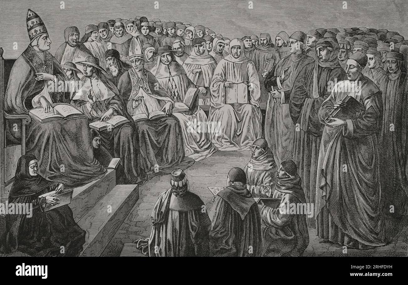 Versammlung von Prälaten und Ärzten der Kirche in Anagni (Italien) im Jahre 1256. Vorsitz: Papst Alexander IV. (1199-1261). St. Thomas Aquinas (1225-1274) verteidigt die menschenwürdigen Befehle, angegriffen von der Universität von Paris, und widerlegt siegreich die Behauptungen des französischen Theologen Guillaume de Saint-Amour (1202-1272). Der Heilige Thomas ist von hinten abgebildet, der Heilige Bonaventure sitzt im Vordergrund rechts. Gravur von Huyot nach einem Gemälde von Benozzo Gozzoli (1420-1497). "Vie Militaire et Religieuse Au Moyen Age et a l'Epoque de la Renaissance". Paris, 1877. Stockfoto