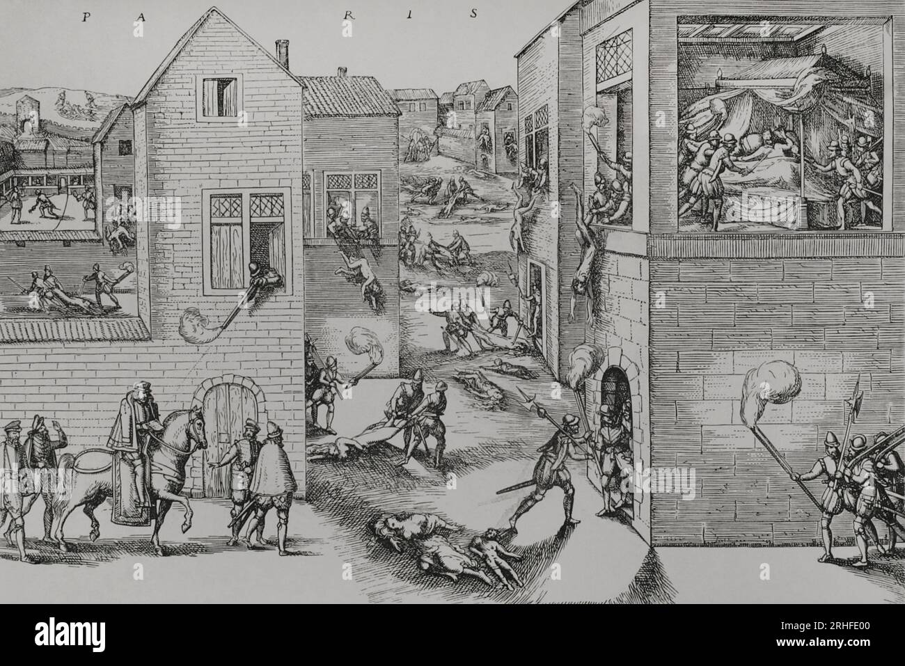 Attentatsversuch auf Gaspar de Coligny (1519-1572) durch einen Anschlag am 22. August 1572. Es war der Auslöser für das Massaker von St. Bartholomäus-Tag in Paris in der Nacht vom 23. Bis 24. August 1572. Eine Gravur aus dem 19. Jahrhundert nach einem deutschen Original, die eines der zusätzlichen Blätter der Sammlung darstellt, die von Jean Tortorel und Jacques Perrissin graviert wurden. Unten links ist der Angriff gegen Coligny durch Arquebus-Feuer dargestellt, ausgeführt von Maurevert von einem Fenster aus, und sein Tod während der Schlachtung. Coligny wurde in seinem Haus von Besme getötet, einem der deutschen Offiziere von Herzog Henri de Guise. H Stockfoto