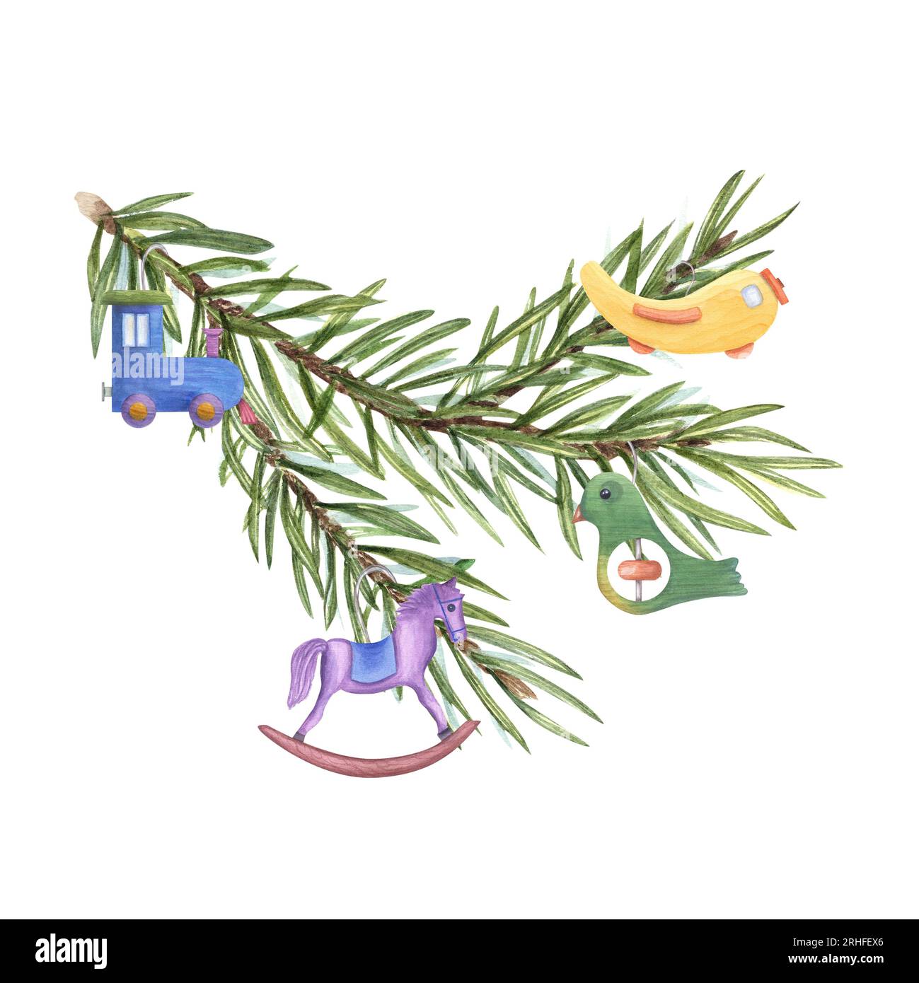 Weihnachtsbaumzweig mit Weihnachtsbaumspielzeug. Flugzeug, Zug, Vogel, Pferd. Holzdekoration für Kinder auf Fichtenzweig. Aquarellzeichnung Stockfoto