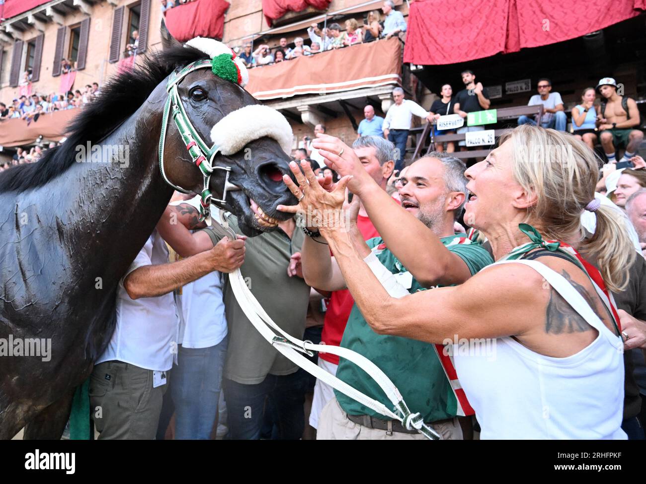 Siena. 16. Aug. 2023. Am 16. August 2023 feiern die Menschen mit dem Gewinnerpferd während des Palio in Siena, Italien. Palio in Siena, oder „Palio di Siena“ auf Italienisch, ist ein historisches Pferderennen, das seit 1656 zweimal jährlich in Siena stattfindet. Kredit: Alberto Lingria/Xinhua/Alamy Live News Stockfoto