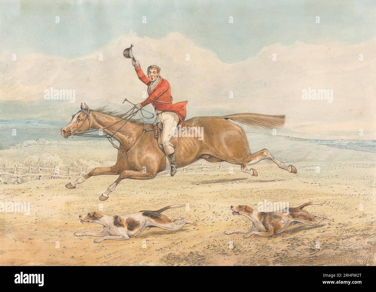 Ein Whipper-in und ein paar Hounds Running Hard in Open Country von Henry Thomas Alken Stockfoto
