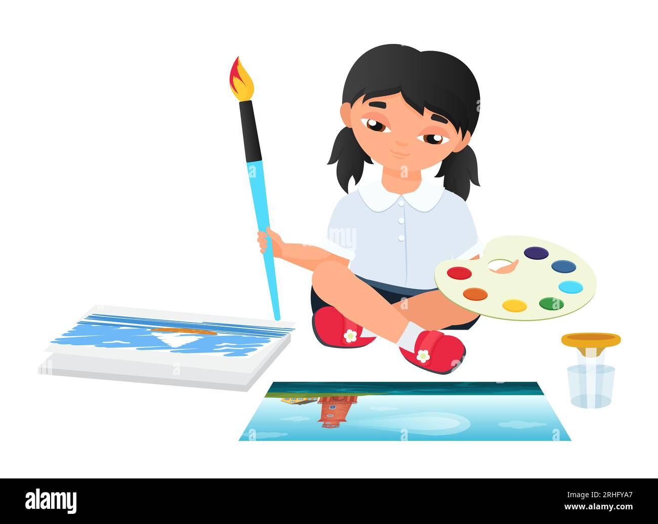 Malerei für Schulkinder. Schulbildung, Zeichnungsunterricht, Schülervektordarstellung Stock Vektor