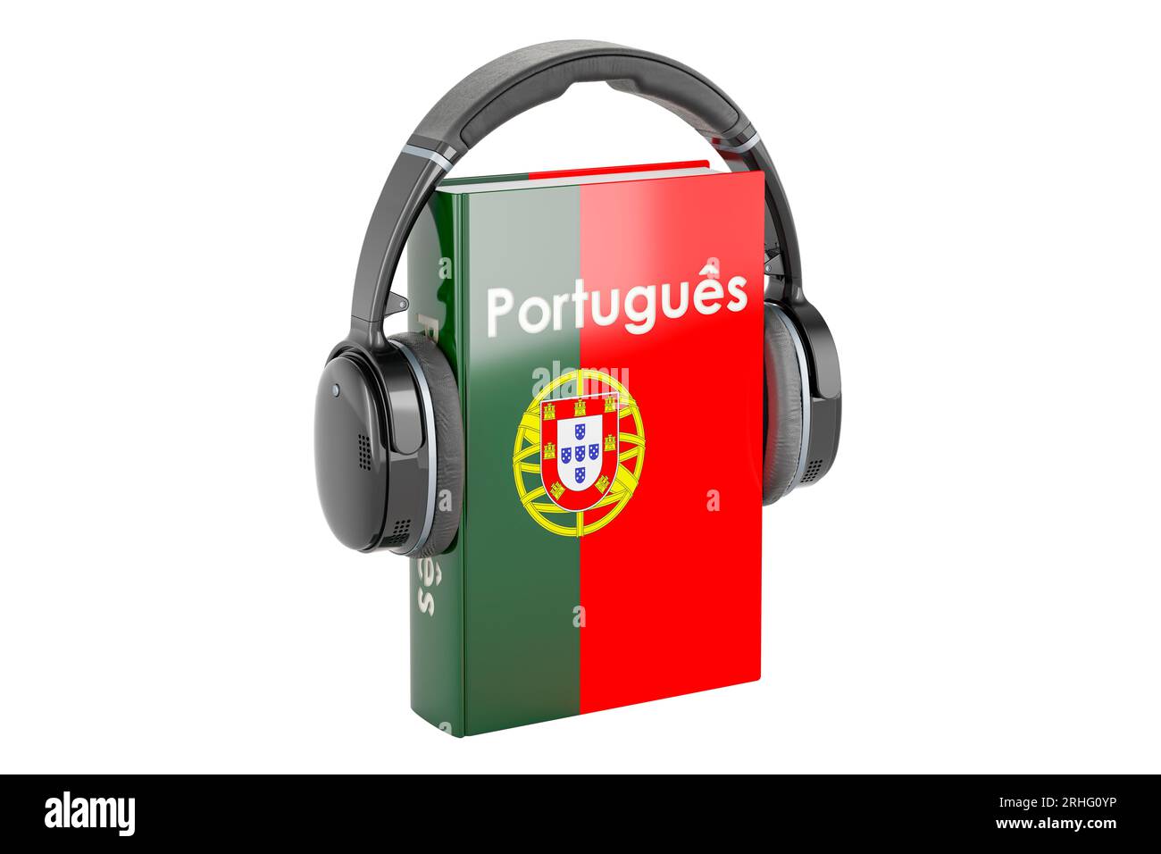 Portugiesisches Lehrbuch mit Kopfhörern. Lernen Sie Portugiesisch, Kurse. 3D-Rendering isoliert auf weißem Hintergrund Stockfoto