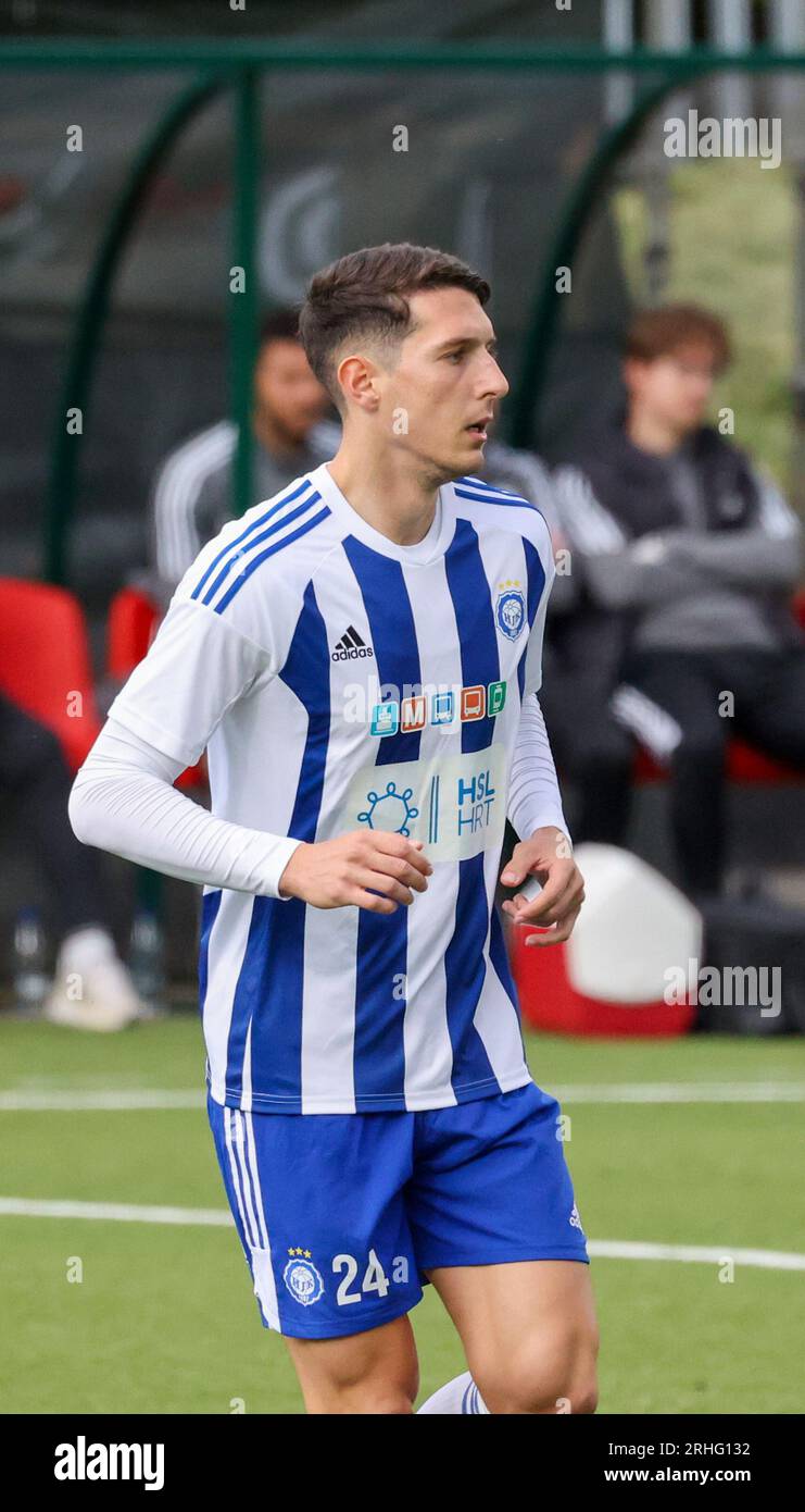 Solitude, Belfast, Nordirland, Vereinigtes Königreich. 19. Juli 2023. UEFA Champions League – Qualifikation in der ersten Runde – Larne gegen HJK Helsinki. HJK Helsinki Fußballspieler Georgios Kanellopoulos (24) Stockfoto