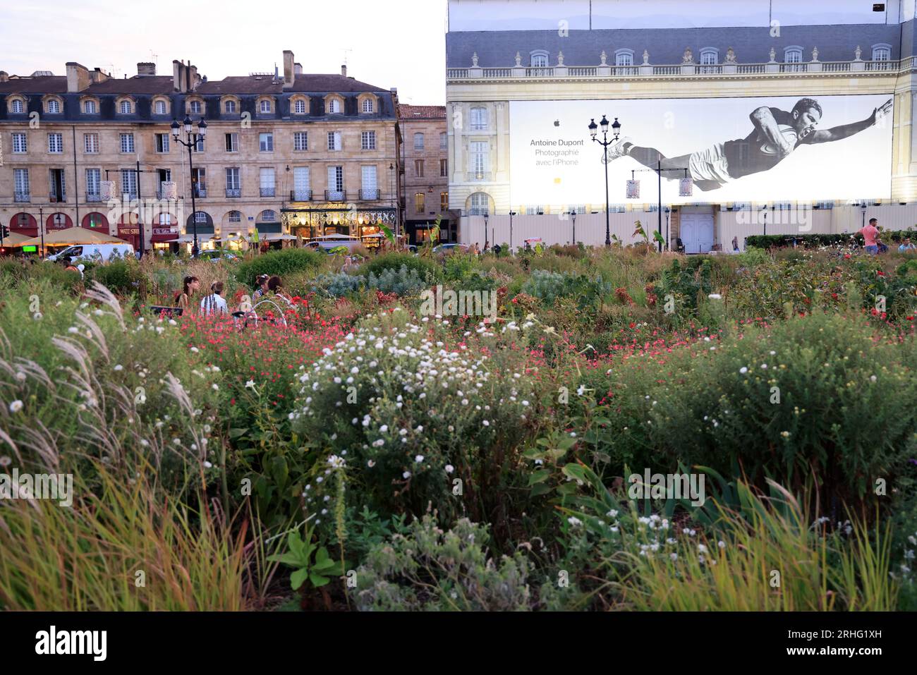 FIN de journée sur les quais de Bordeaux. Sur les bâtiments de la Place de la bourse une Photo d’Antoine Dupont de la campagne publicitaire Apple « Ph Stockfoto