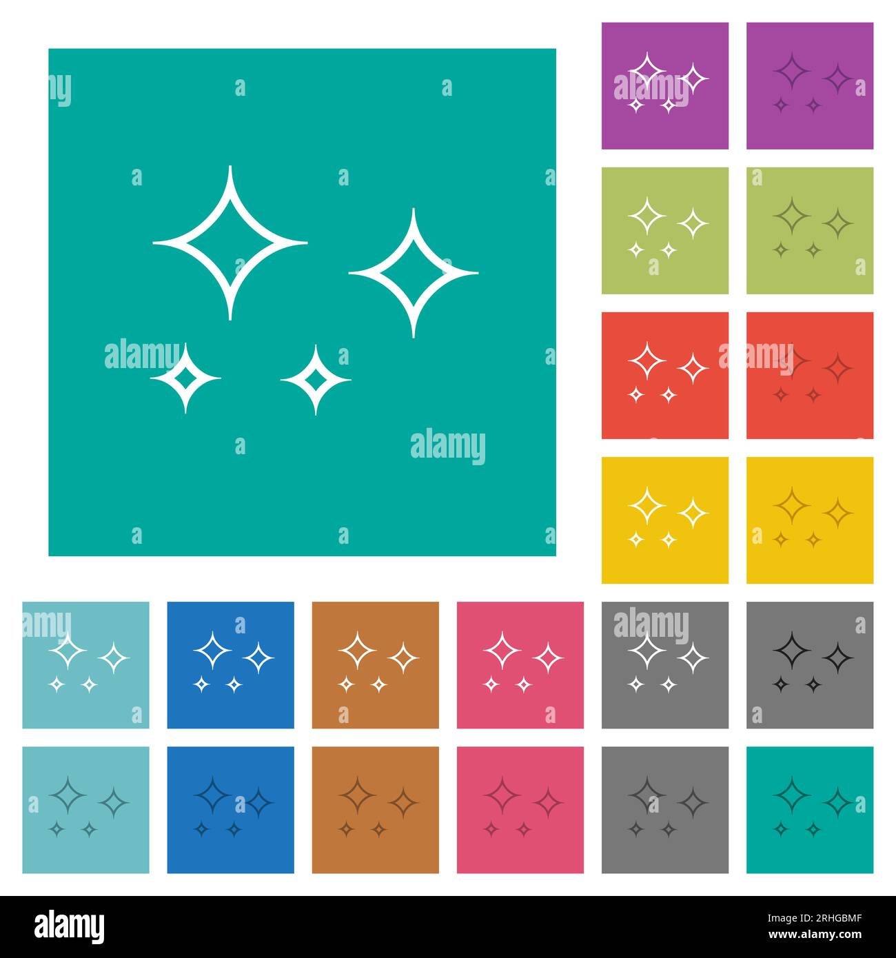 Blendsterne umrahmen mehrfarbige flache Symbole auf einfarbigem quadratischem Hintergrund. Enthält weiße und dunklere Symbolvarianten für Hover- oder aktive Effekte. Stock Vektor