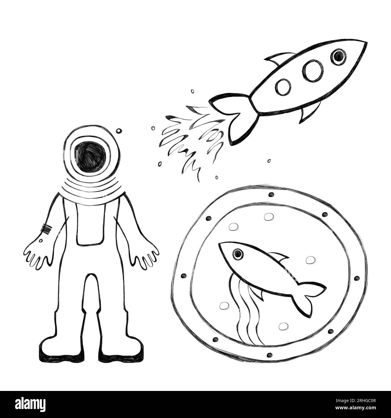 Set von isolierten Raumskizzen. Astronaut, Weltraumrakete, Bullauge, Fisch. Reise zum Mond. Science Fiction. Weißer Hintergrund. Stockfoto