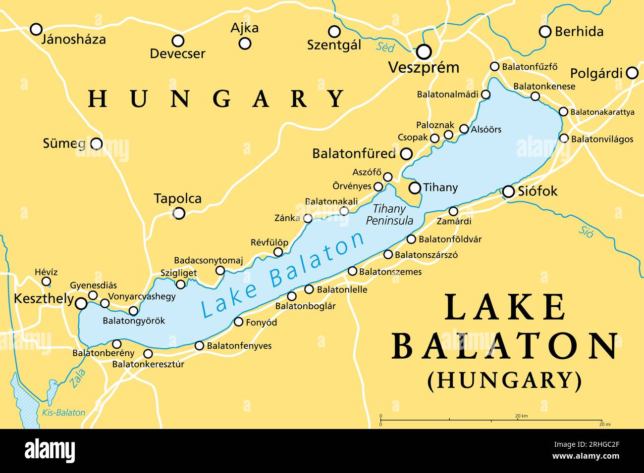 Lake Balaton, politische Karte. Süßwasserrisssee in der transdanubischen Region Ungarns in Europa. Touristische Region mit vielen Ferienorten. Stockfoto
