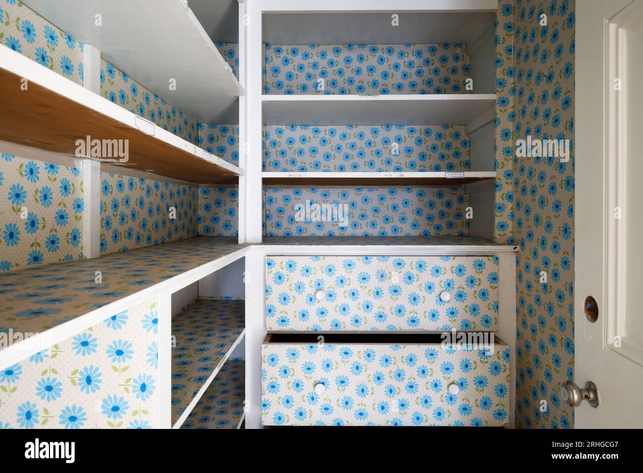 Vintage-Tapete mit blauem Blumendruck in einem verlassenen Haus. Stockfoto
