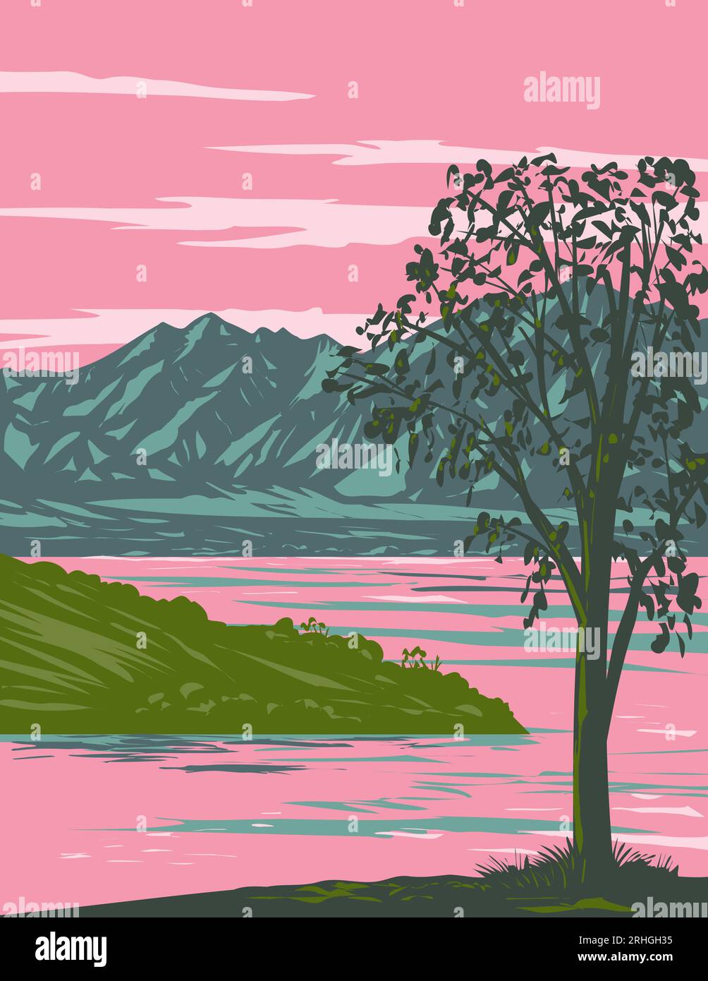WPA-Plakatkunst des Lake Havasu, der vom Parker Dam am Colorado River an der Grenze zwischen Kalifornien und Arizona, USA, gegründet wurde Stockfoto