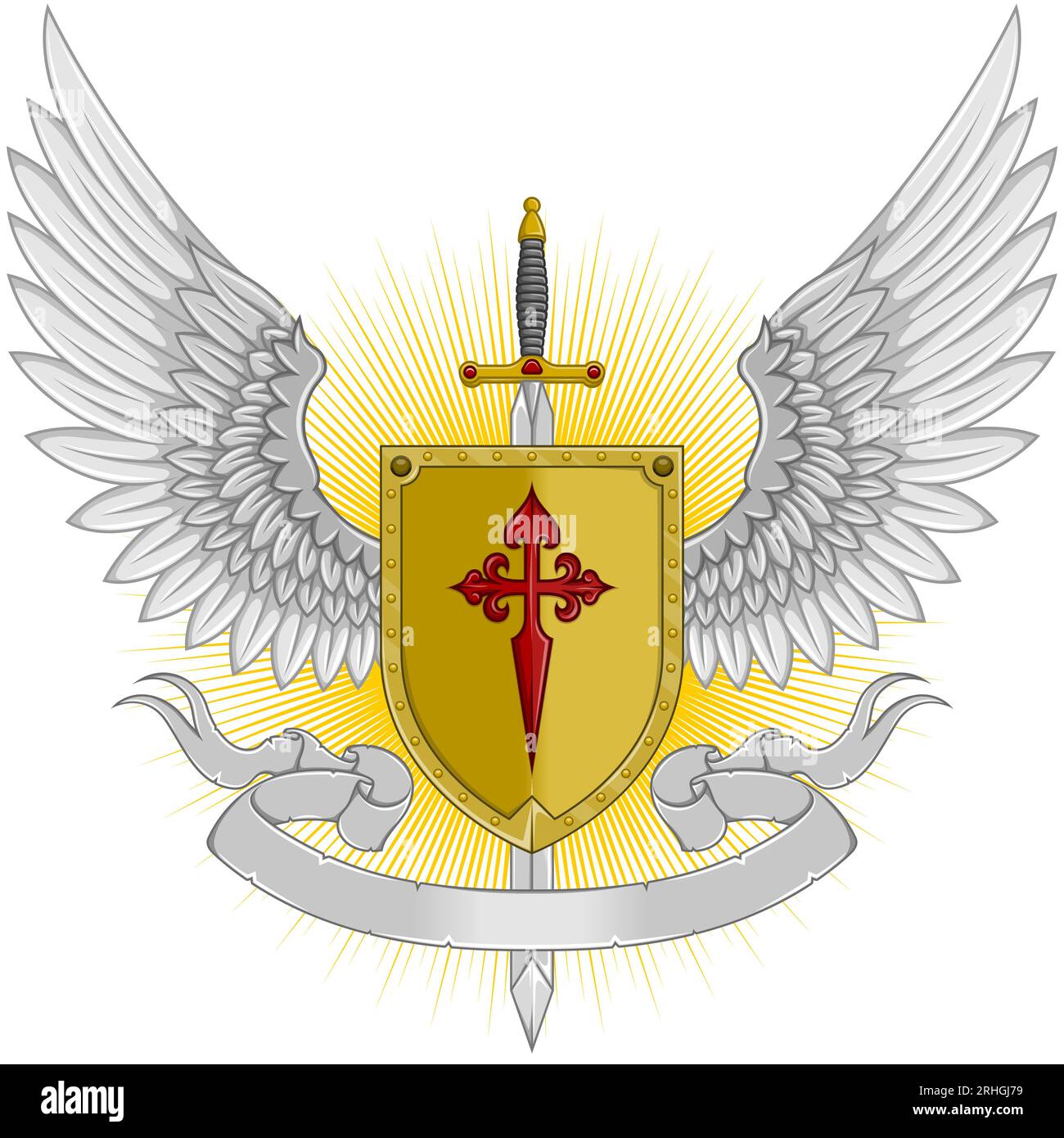 Europäisches Wappen mit Flügeln und Schwert, Schild mit Symbol der Kreuzzüge. Heraldischer Schild des Mittelalters Stock Vektor