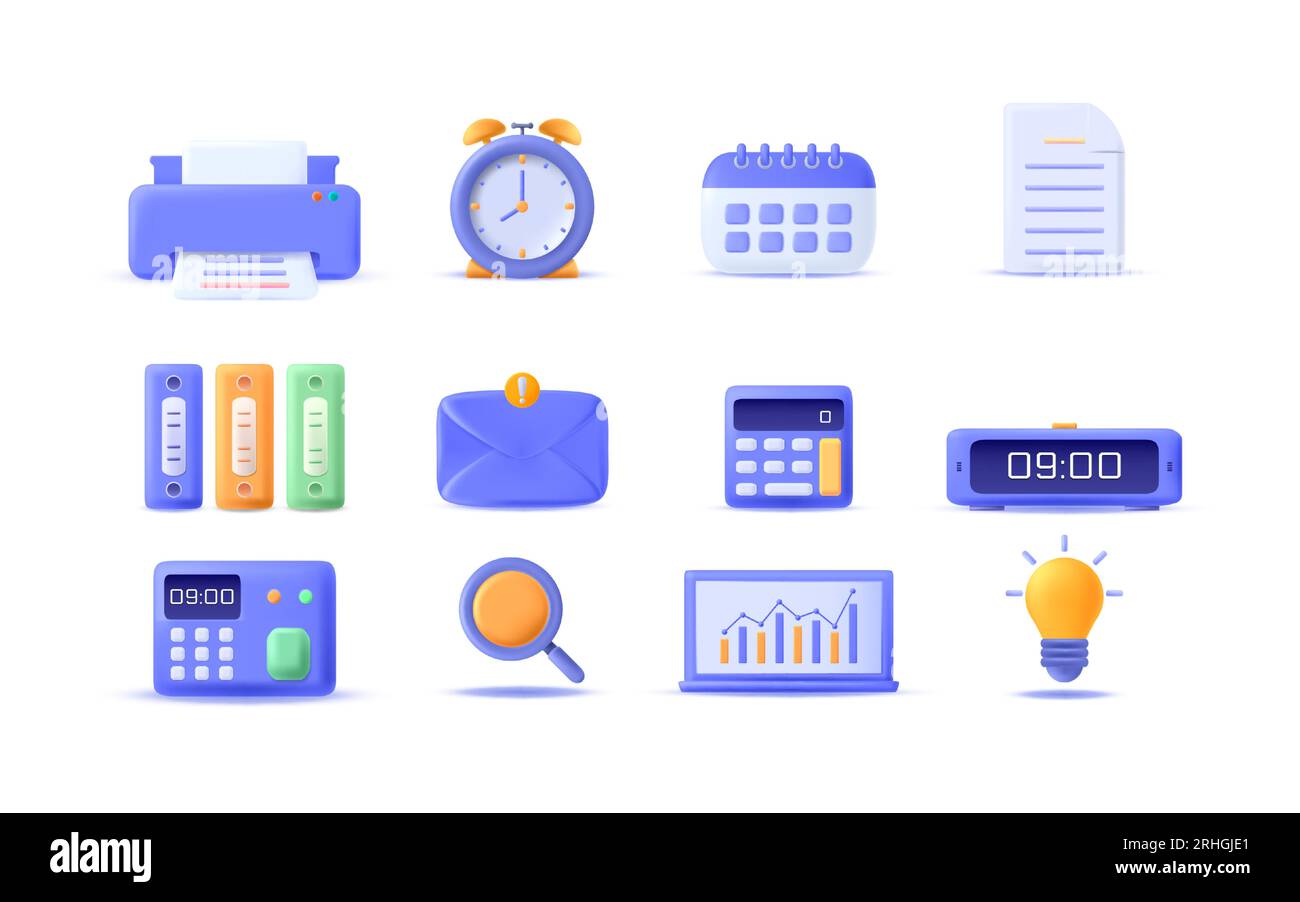 3D-Set Büro-, Geschäfts-, Finanz-Ikonen. Minimale und stilvolle Vektor-Zeichentrickillustration Stock Vektor