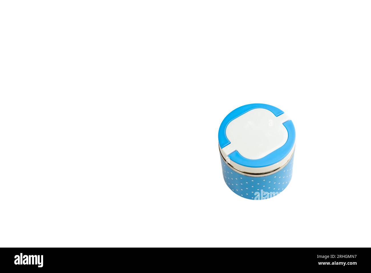 Blauer Lebensmitteltiffin auf weißem isoliertem Hintergrund Stockfoto