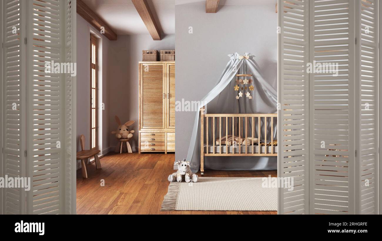 Weiße Falttür zum modernen Kinderzimmer mit Kinderbett, Fenster, Spielzeug und Teppich, Inneneinrichtung, Architekt-Designkonzept Stockfoto