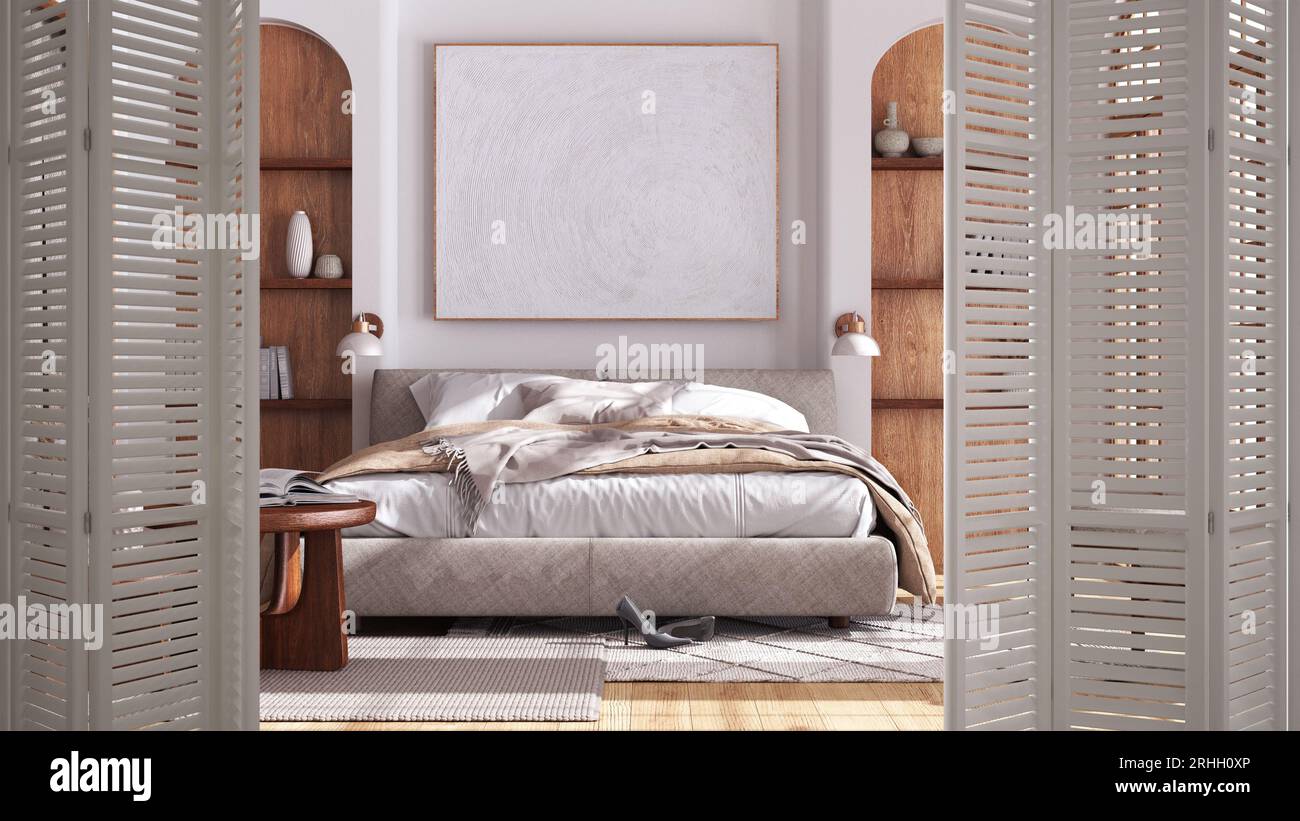 Weiße Klapptür auf minimalistischem japandi-Schlafzimmer aus Holz mit Doppelbett, Nischen und Dekoren, Innendesign, Architekt-Designkonzept Stockfoto