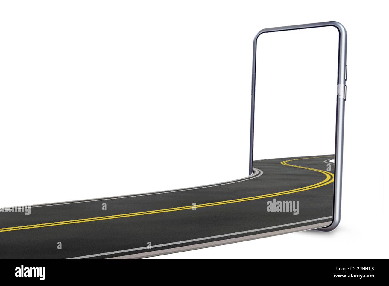 Die Straße kommt vom Mobilgerät. Einkaufen auf Mobilgeräten. Kreative Werbung und Mockup. Design Advertisement. Reise- und Urlaubswerbung. Mobiles Modell. Stockfoto