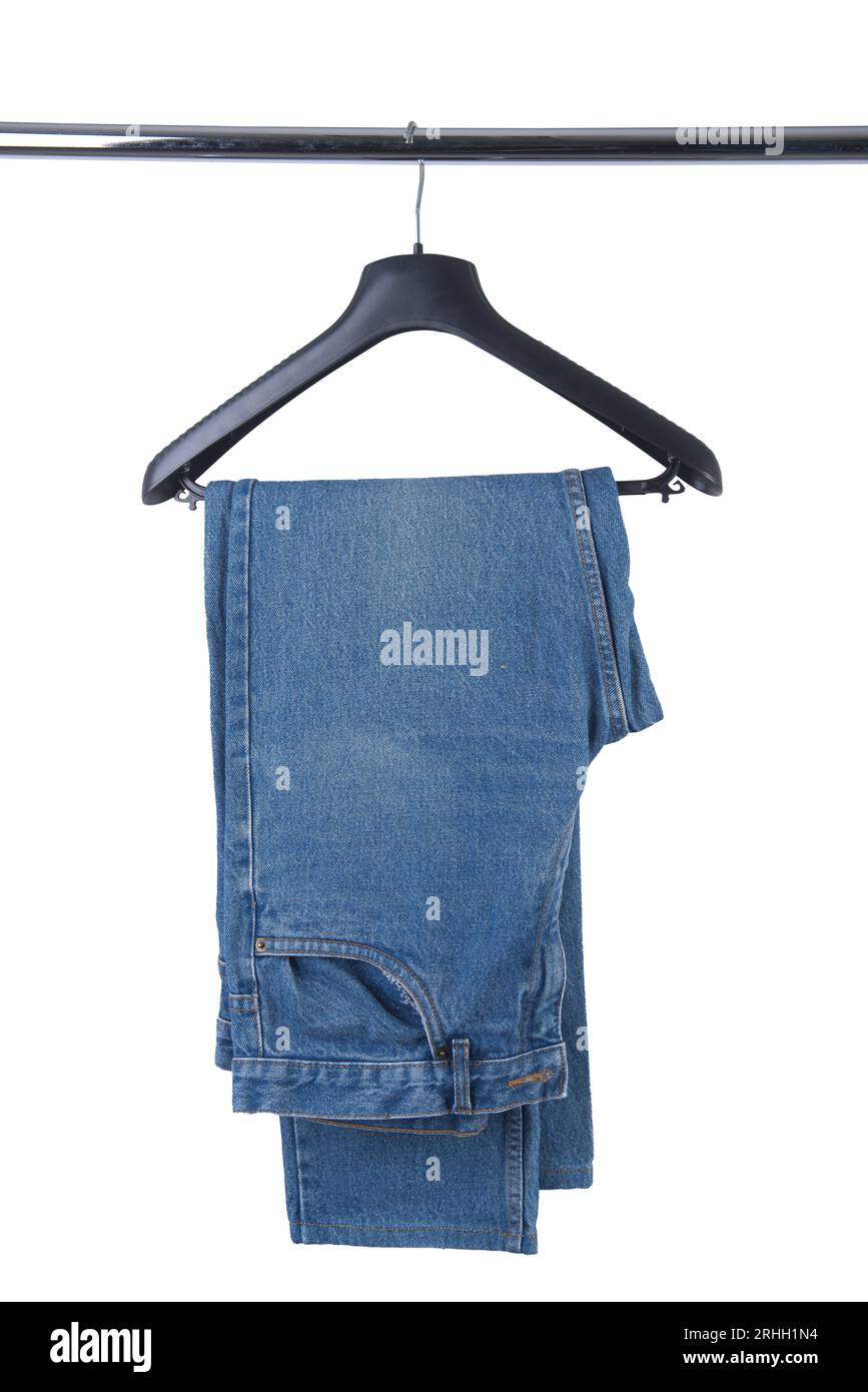 Eine Jeans auf einem Kleiderbügel mit transparentem Hintergrund Stockfoto