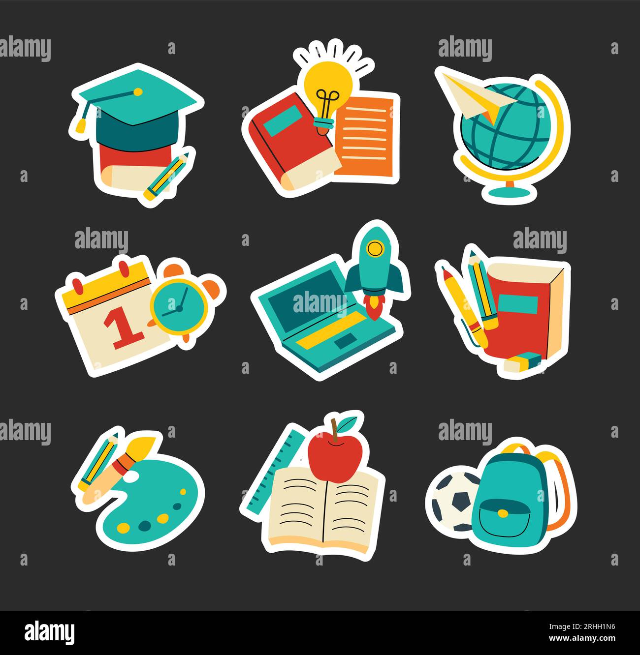 Back-to-School-Sticker-Set-Style. Bildung handgezeichnete Objekte und Symbole. Stock Vektor