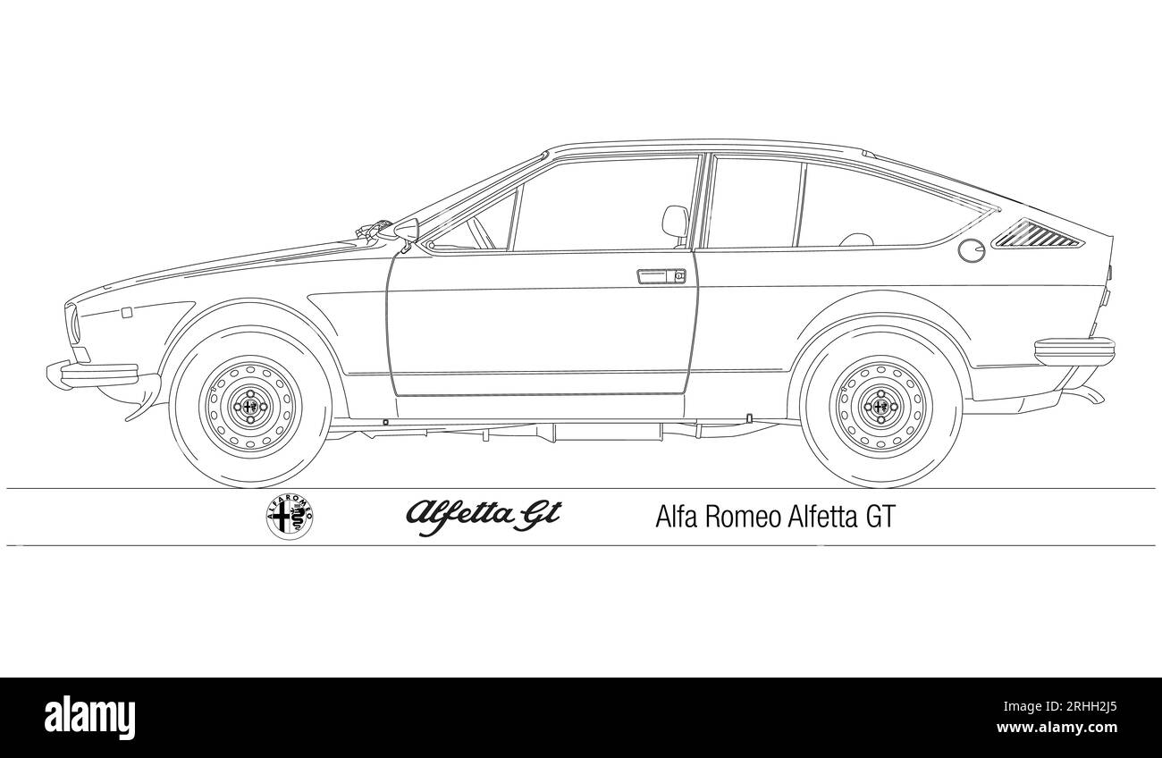 Italien, Jahr 1974, Alfa Romeo Modell Alfetta GT, 1974, Oldtimer und klassischer italienischer Sportwagen, Silhouettenvektor Illustration Stockfoto