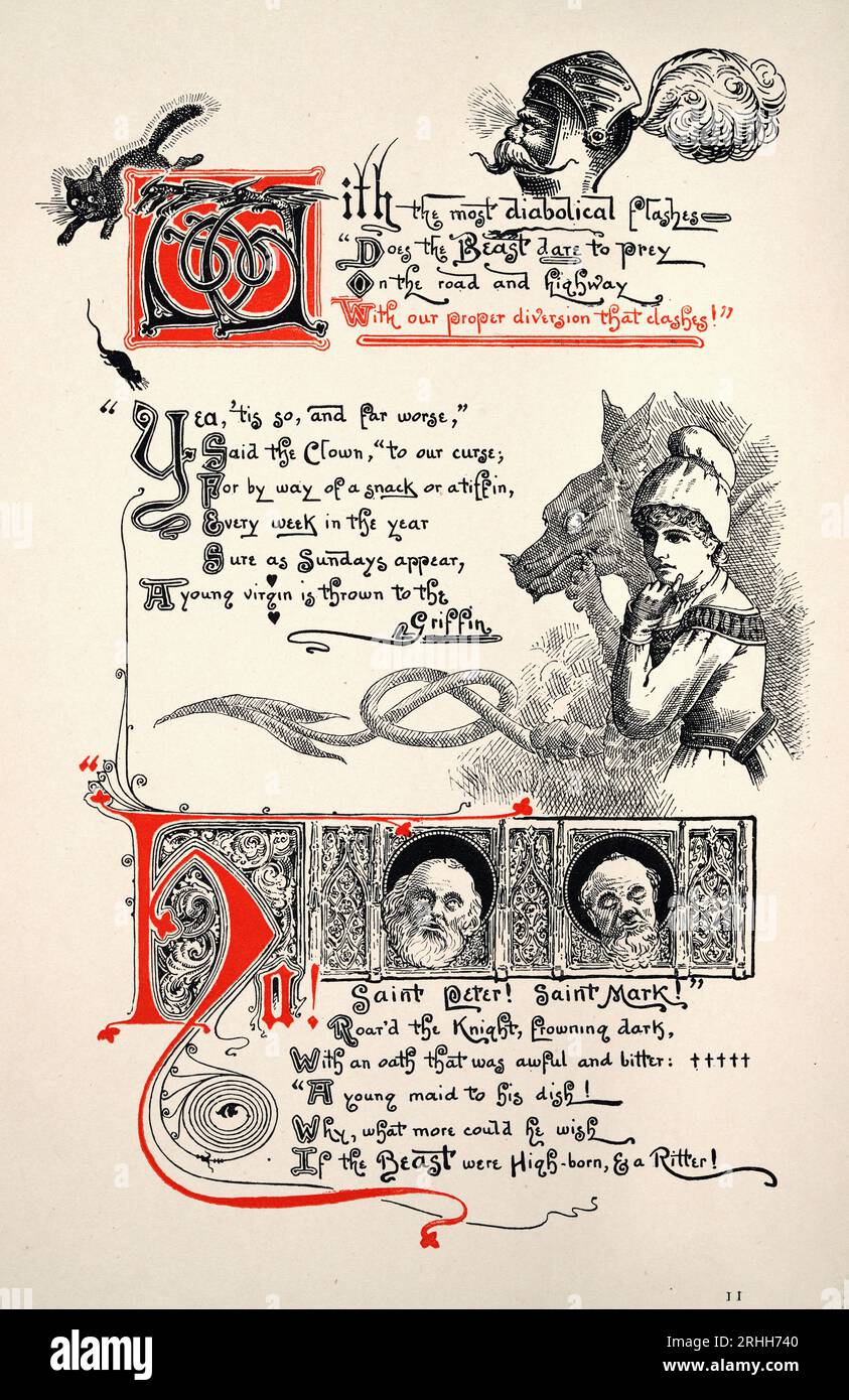 Seite aus dem Ritter und dem Drachen von Thomas Hood, Fantasy Mythology, Princess, Black Cat, illustriert von Ernest Maurice Jessop Stockfoto