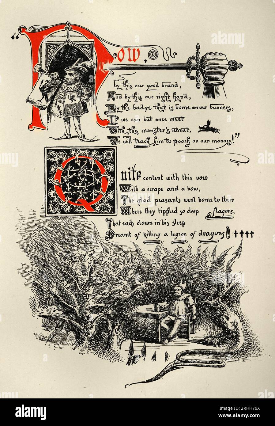 Seite aus dem Ritter und dem Drachen von Thomas Hood, Fantasy Mythologie, Mann trinkt allein, umgeben von Dämonen und Drachen, illustriert von Ernest Maur Stockfoto