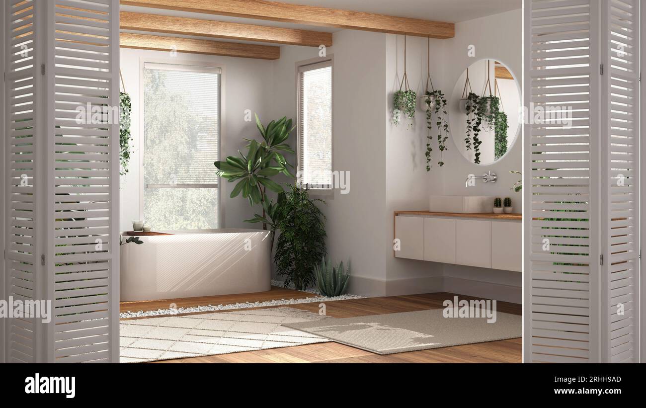 Weiße Klapptür für nachhaltiges modernes Badezimmer mit Badewanne und vielen Zimmerpflanzen, Architekt-Designkonzept, urbanes Dschungel-Innendesign Stockfoto
