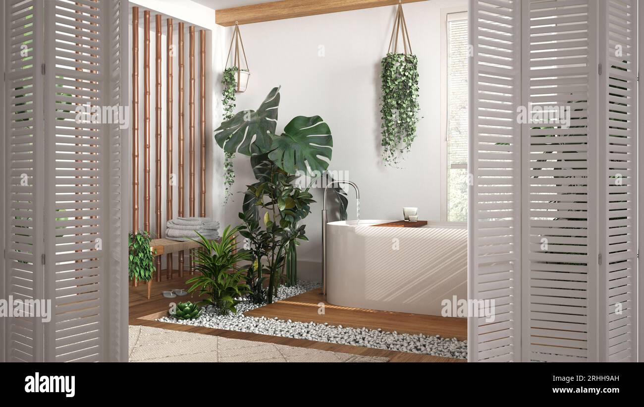 Weiße Klapptür für nachhaltiges modernes Badezimmer mit Badewanne und vielen Zimmerpflanzen, Architekt-Designkonzept, urbanes Dschungel-Innendesign Stockfoto