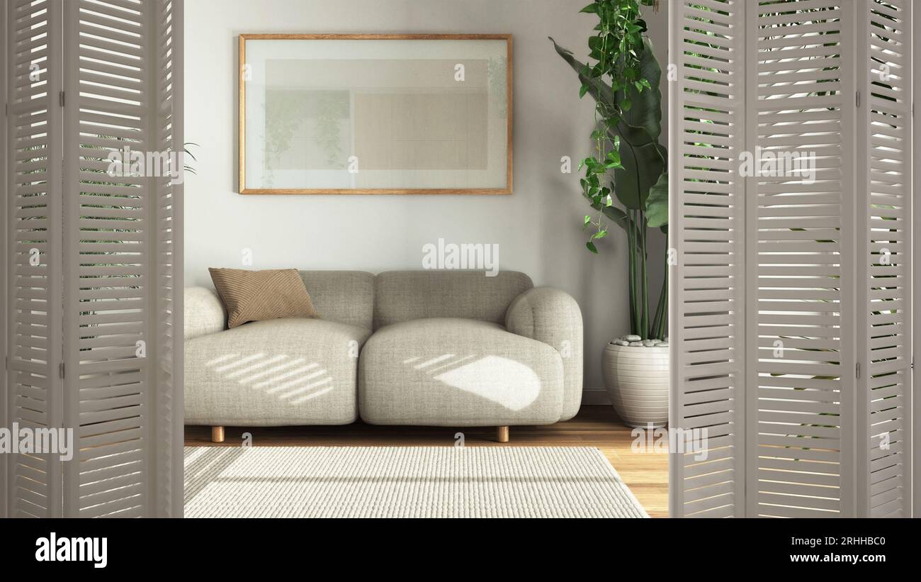 Weiße Falttür auf minimalweißem Wohnzimmer mit Stoffsofa und Rahmenmockup, viele Topfpflanzen, Architekt Designerkonzept, urbaner Dschungel Stockfoto