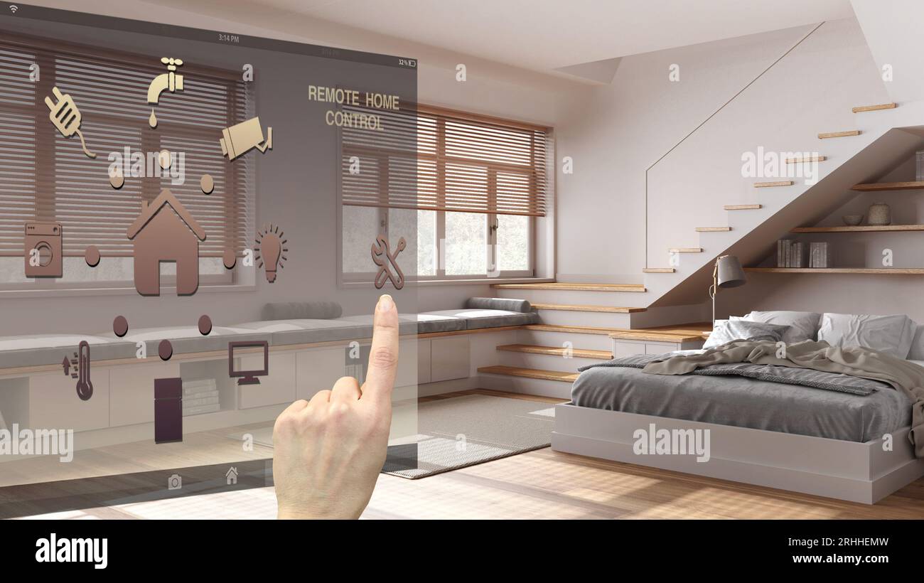 Smart-Home-Steuerkonzept, digitale Schnittstelle für die Handsteuerung über die mobile App. Hintergrund zeigt minimales Schlafzimmer mit Treppe, japandi-Architektur Stockfoto
