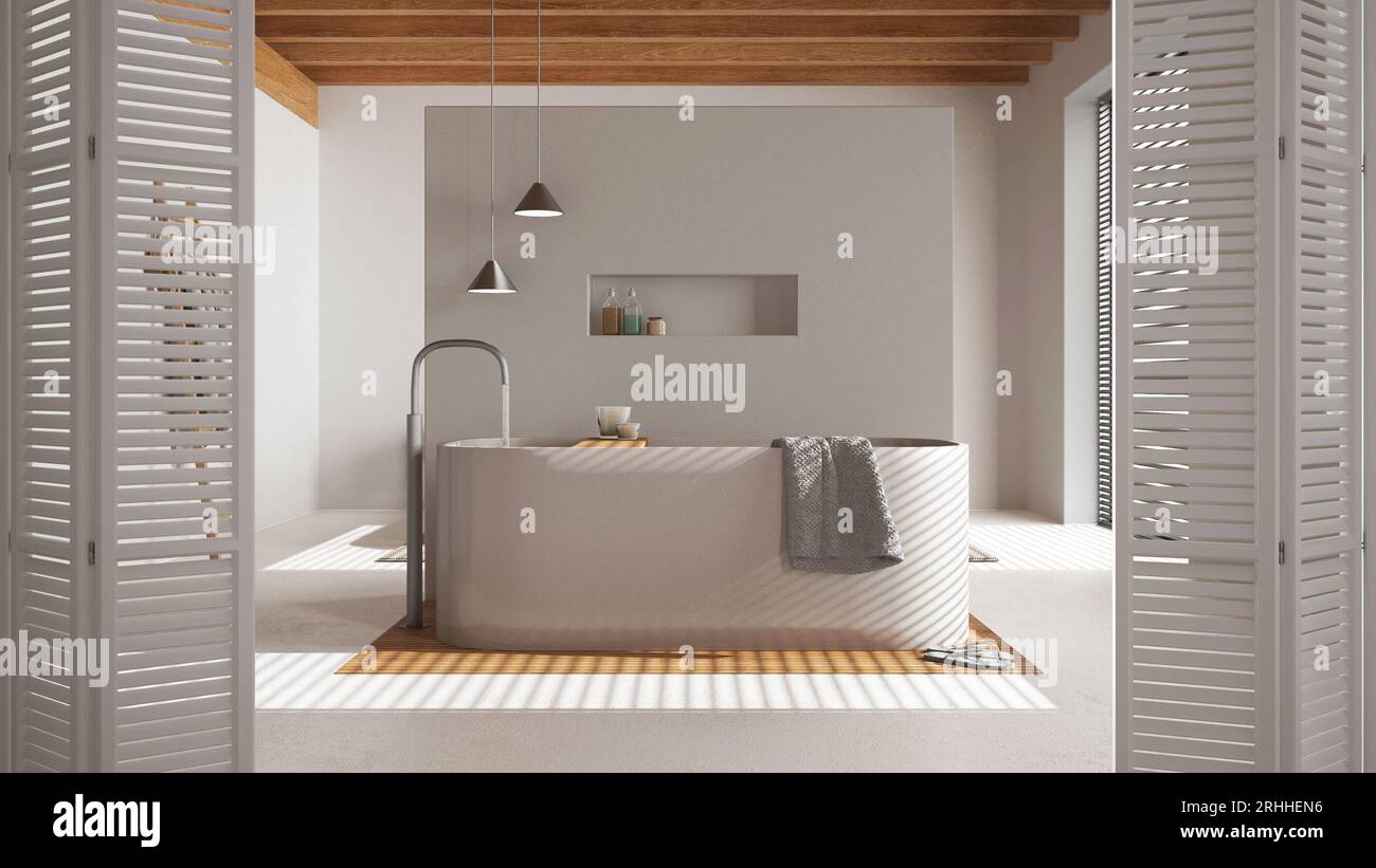 Weiße Klapptür im minimalen japanischen Badezimmer mit Badewanne, hellem Kunststoffboden, modernem Innendesign, Designkonzept des Architekten Stockfoto