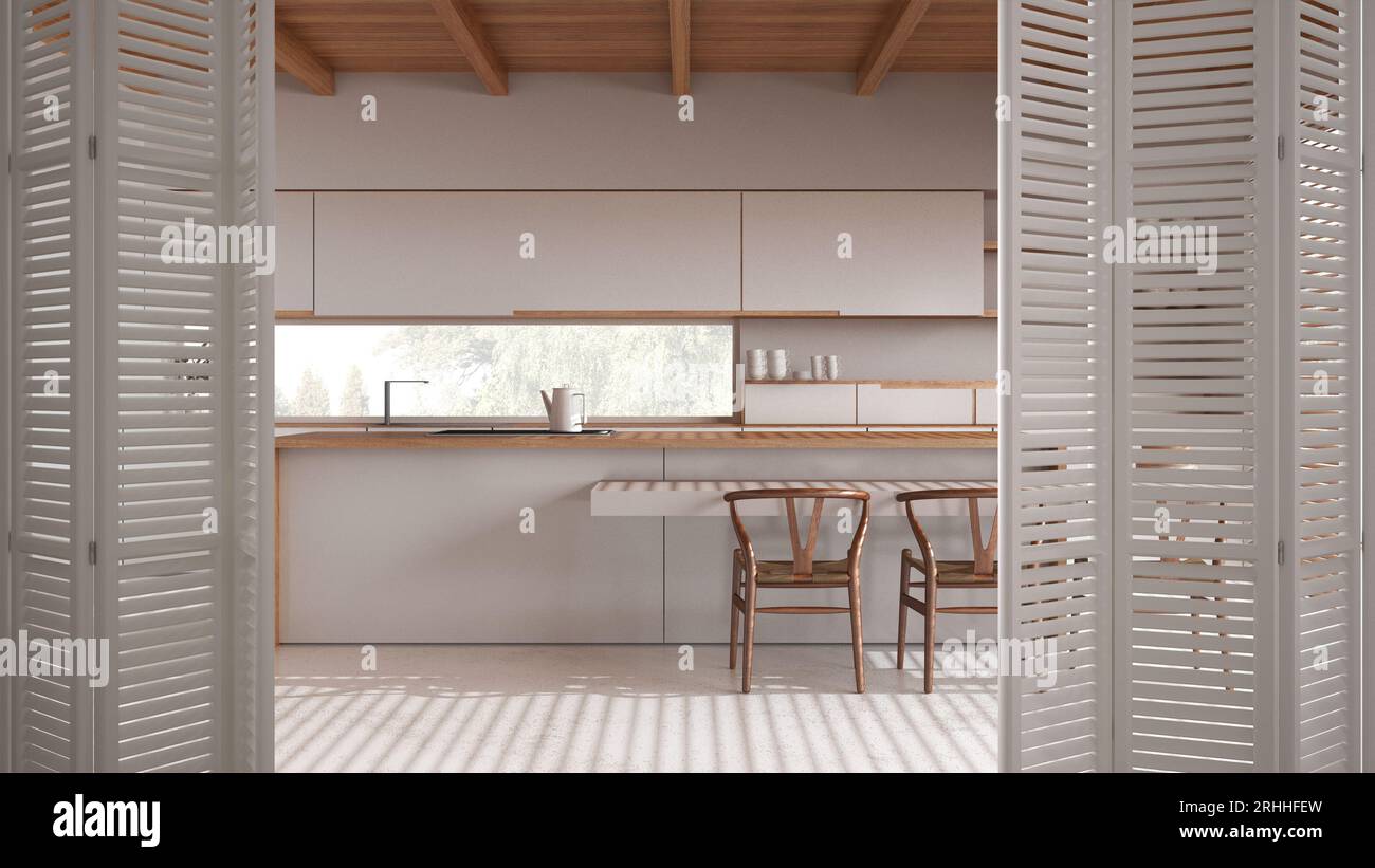 Weiße Falttüröffnung in der weißen Minimal japandi Küche mit Insel, Harzboden, modernem Innendesign, Architekt-Designkonzept Stockfoto