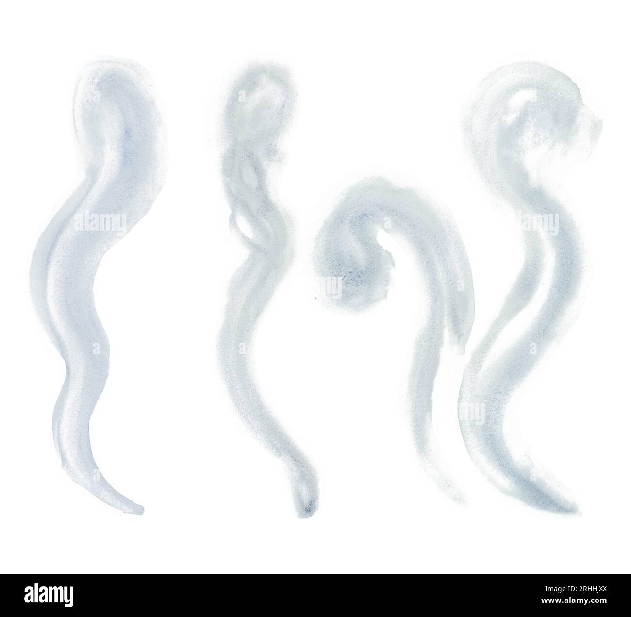 Graues, halbtransparentes Rauchwellensortiment. Wasserfarbenes, durchscheinendes, fließendes Rauchabzugsset Stockfoto