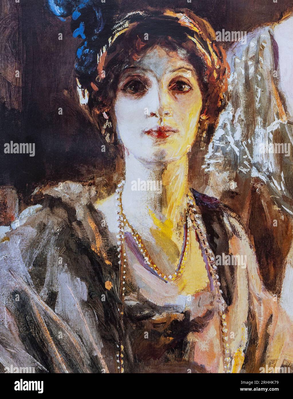 Ein Detail aus einem Porträt von Lady Hazel Lavery aus dem frühen 20. Jahrhundert von ihrem Mann, dem irischen Künstler Sir John Lavery. Es wurde gemunkelt, dass sie eine Liebesbeziehung mit Michael Collins (1890–1922) hatte, einem irischen Revolutionär, Soldaten und Politiker, aber es wird von vielen bestritten. Die Laverys liehen ihr Haus in South Kensington jedoch an die irische Delegation unter der Leitung von Michael Collins während der Verhandlungen über den englisch-irischen Vertrag von 1921. Stockfoto