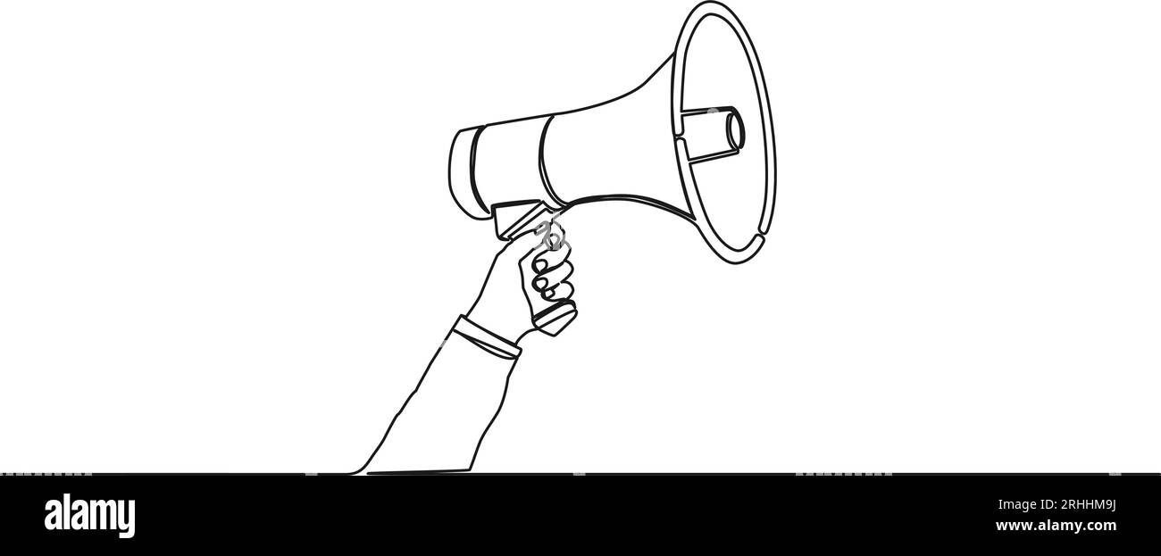 Durchgehende einzeilige Zeichnung von Hand mit Megaphon, Strichgrafik-Vektorillustration Stock Vektor