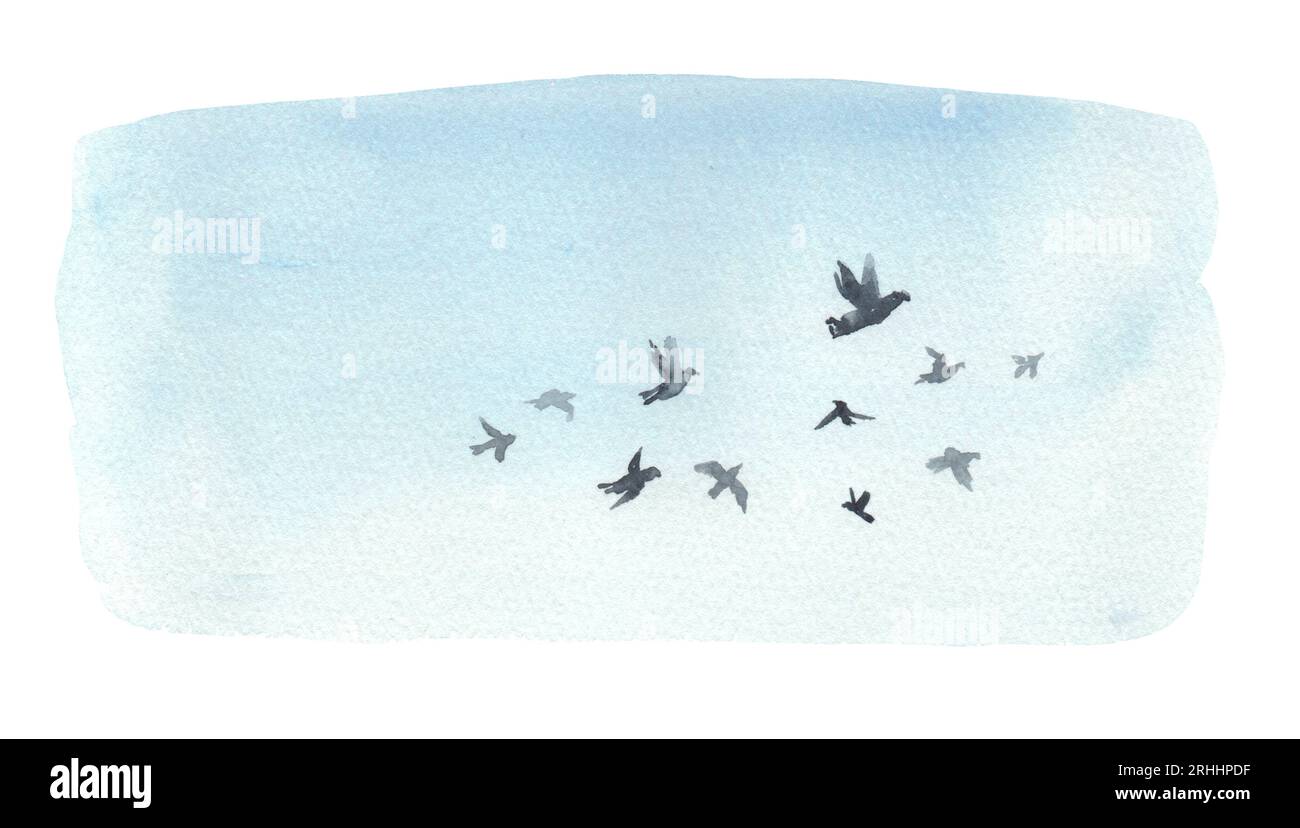 Blauer wolkenloser Himmel mit Vögeln. Aquarellzeichnung von Hand gezeichneter Hintergrund. Stockfoto