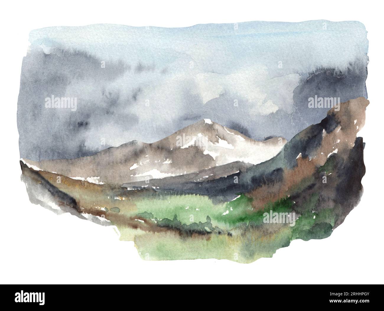 Nebelige Landschaft mit Bergen und Kiefern. Berge handgezeichnete Illustration Stockfoto