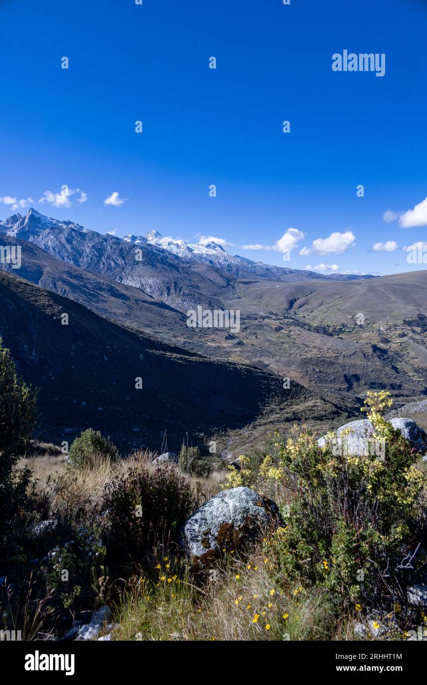 Panoramablick auf die Cordillera Blanca Bergkette von der Wanderung zum Churup-See in der Nähe von Huaraz, Peru Stockfoto