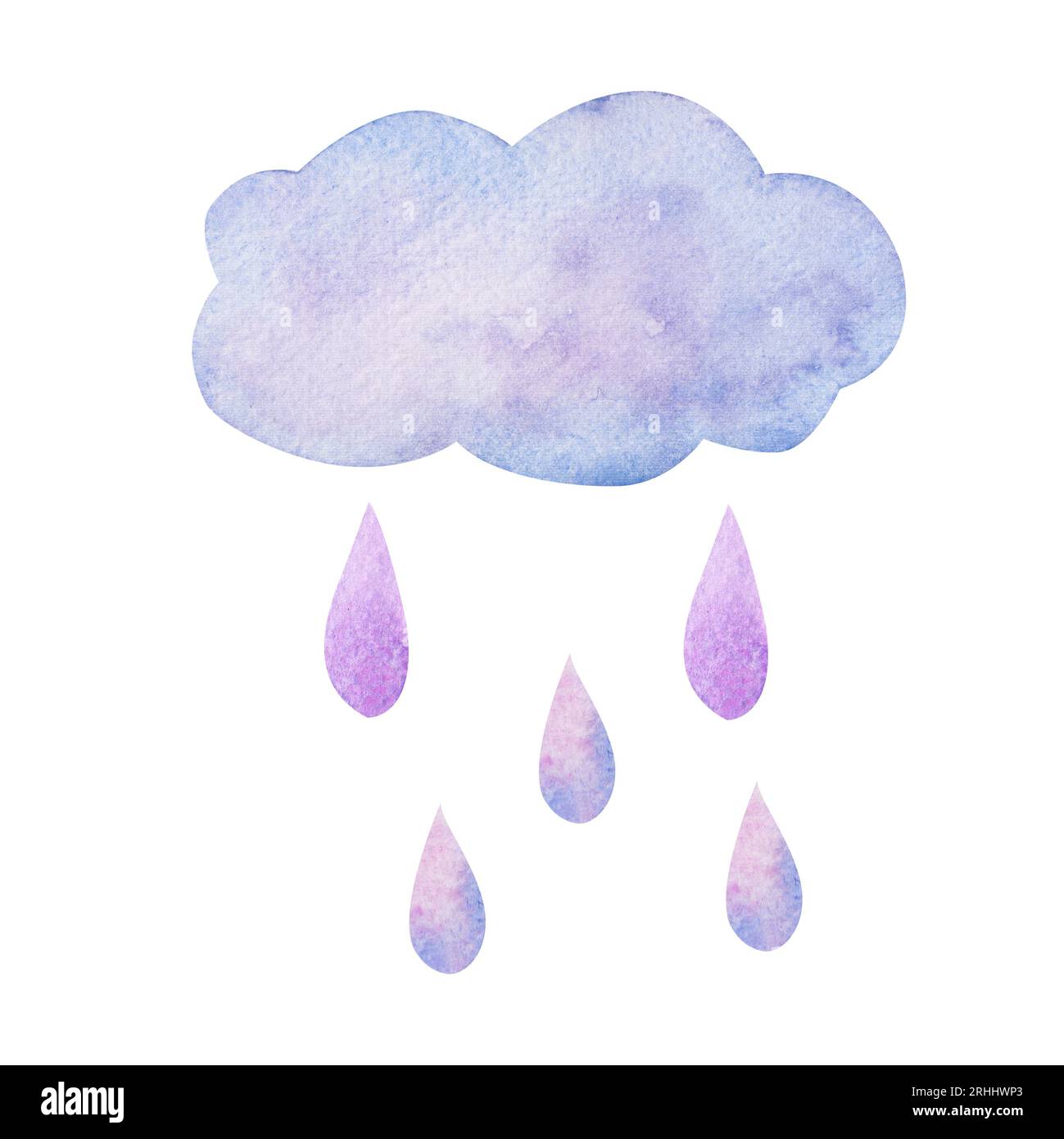 Aquarell-Illustration einer süßen rosa Wolke mit Regentropfen. Isoliertes Clipart im Kinderstil für Produktdesign, Kinderparty und Babydusche Stockfoto