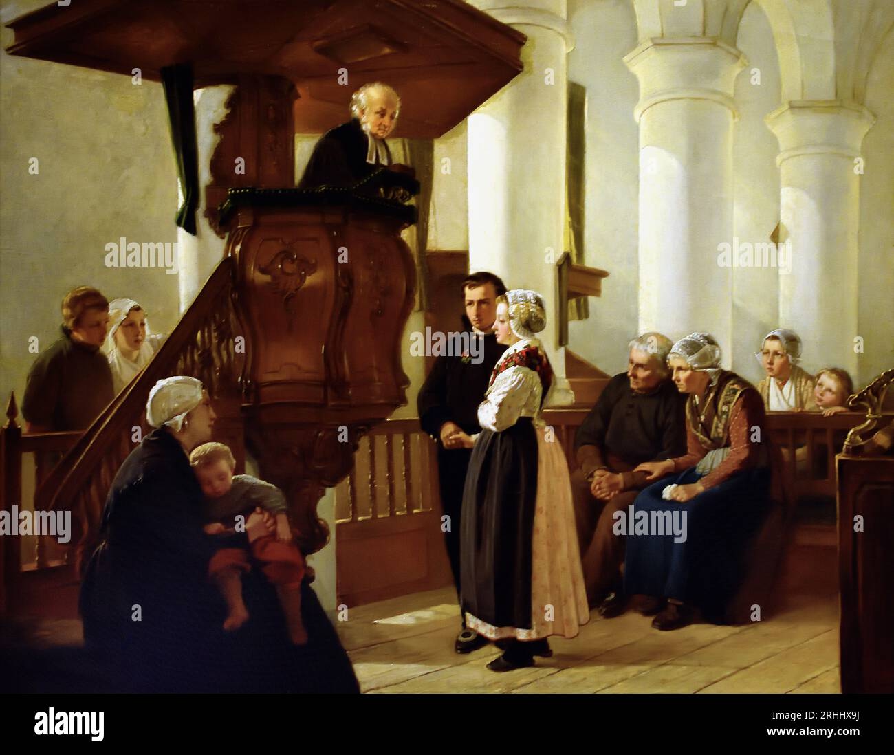 Huwelijks inzegening in de kerk te Scheveningen - Trauung in der Kirche in Scheveningen 1865-1866 Christoffel Bisschop (1828–1904) friesische Künstlerin ( englische Ehefrau Kate Bisschop-Swift ) (1834–1928). Niederländisch, Niederlande, , Stockfoto