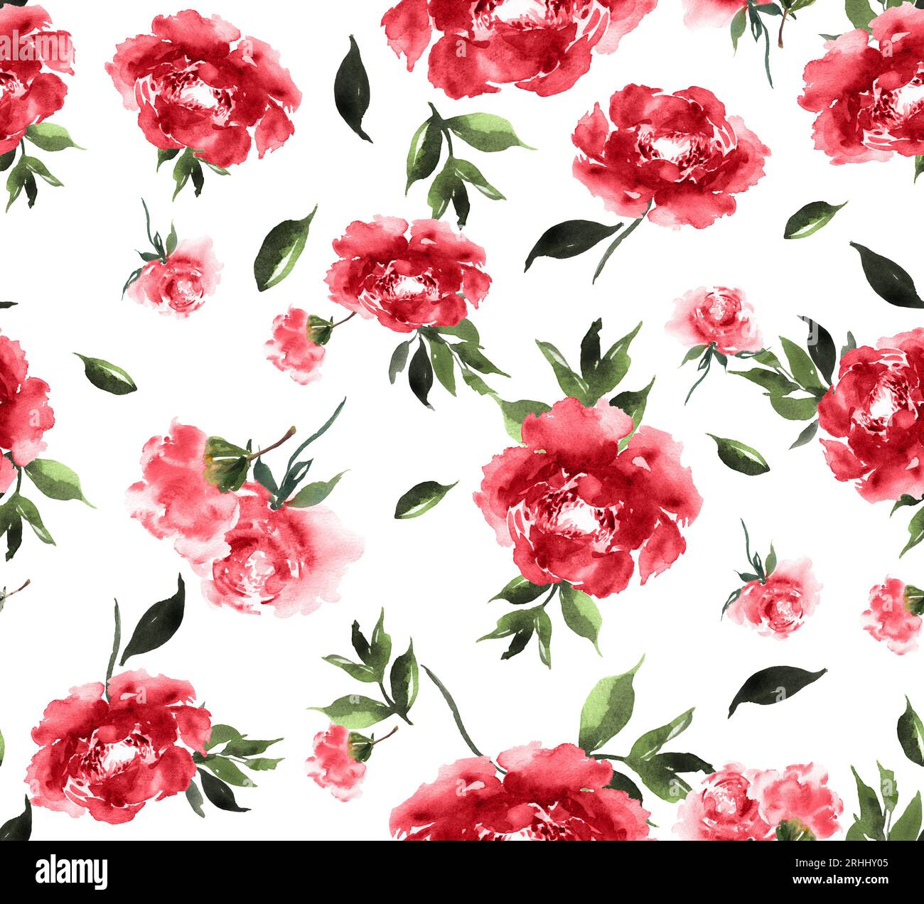 Nahtloses, wasserfarbenes Blumendesign auf weißem Hintergrund, bereit für Textildrucke. Stockfoto
