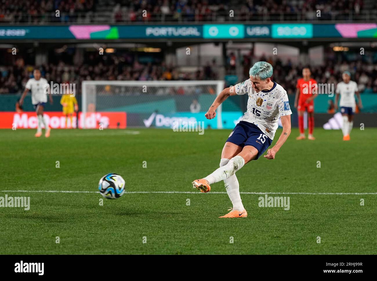 1. August 2023: Megan Rapinoe (USA) macht Gesten während eines Gruppenspiels der FIFA Womens World Cup, Portugal gegen die USA, im Eden Park, Auckland, Neuseeland. Kim Price/CSM/SIPA USA (Bild: © Kim Price/Cal Sport Media/SIPA USA) Stockfoto