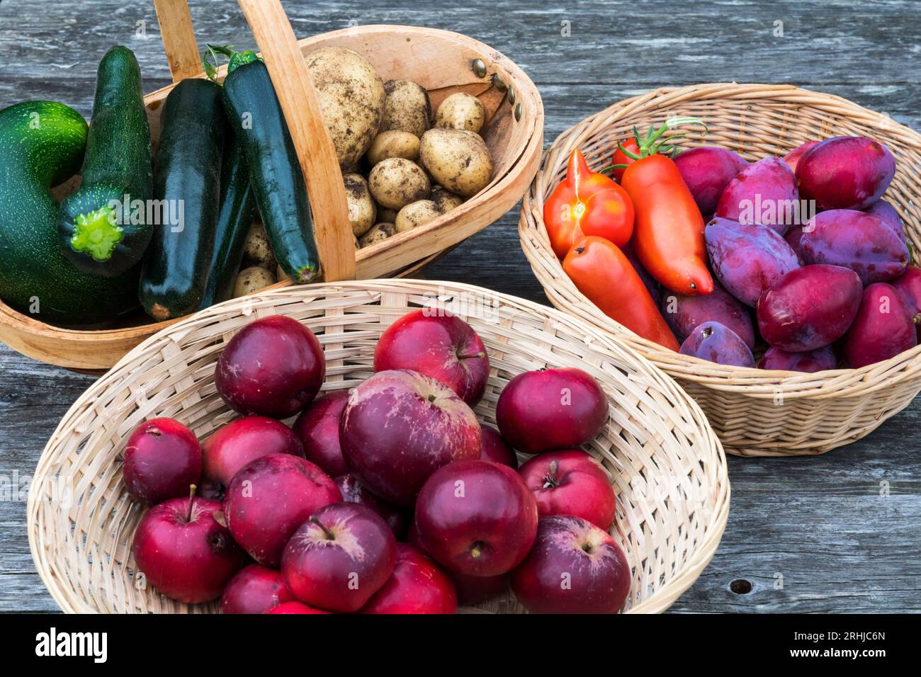 Körbe mit selbst geerntetem Obst und Gemüse aus dem Gemüsegarten oder der Kleinstätte. Stockfoto