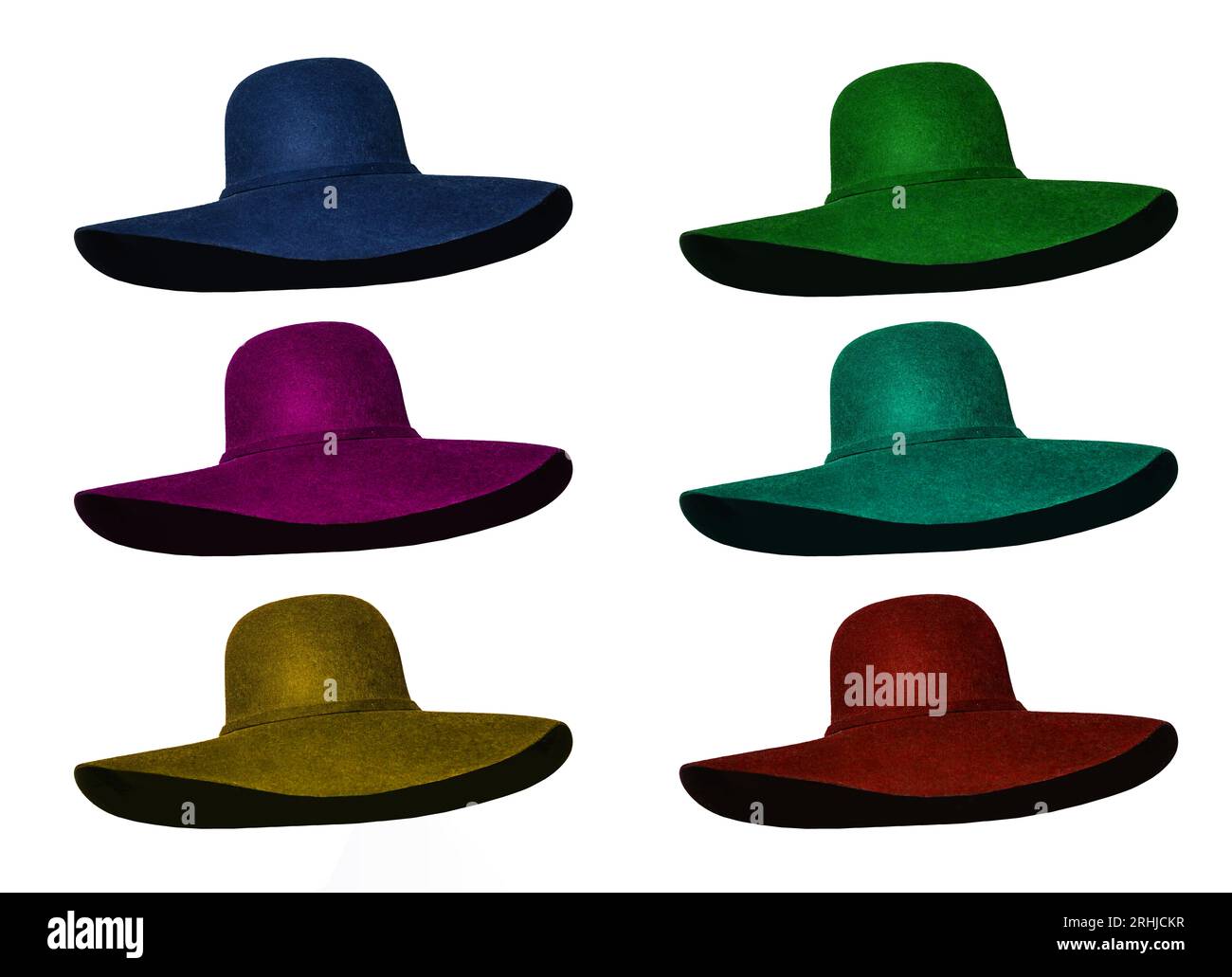 Breite Krempe breite Hüte in rosa, blau, grün, rot, gelb und türkis auf weißem Hintergrund Stockfoto
