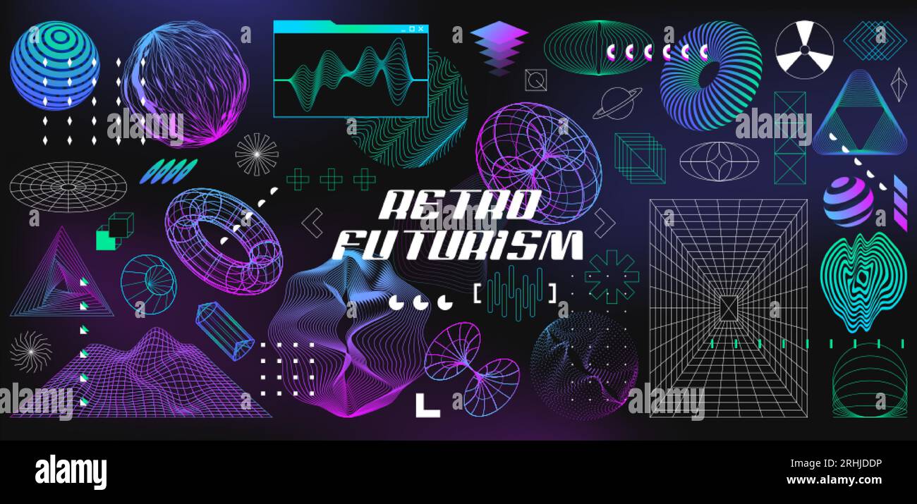 Retrofuturistisches Set von Cyber-Formen. Abstrakte 3D-Drahtmodellgeometrieobjekte aus dem Linienraster. Geometrische Figuren im Vaporwave-Stil. Konstruktionselemente in perspektivischer Ansicht. Vektorkontur. Stock Vektor