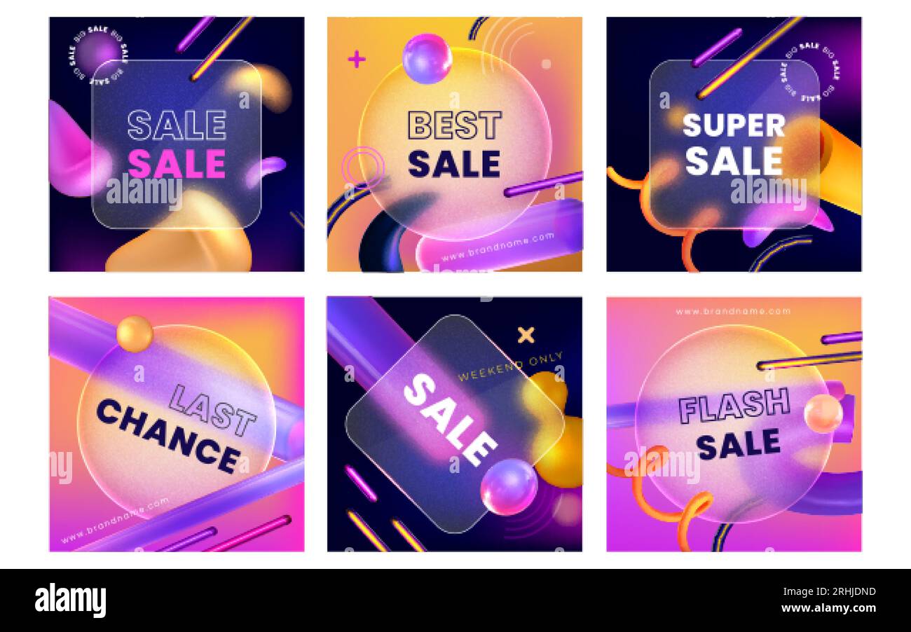 Sale Social Network Story Template im Glas Morphismus Stil. Transparente Banner mit violetten abstrakten geometrischen Formen auf dem Hintergrund. Glassmorphismus-Werbung. 3D Vorlagen für Broschüren zum kreativen Design. Stock Vektor