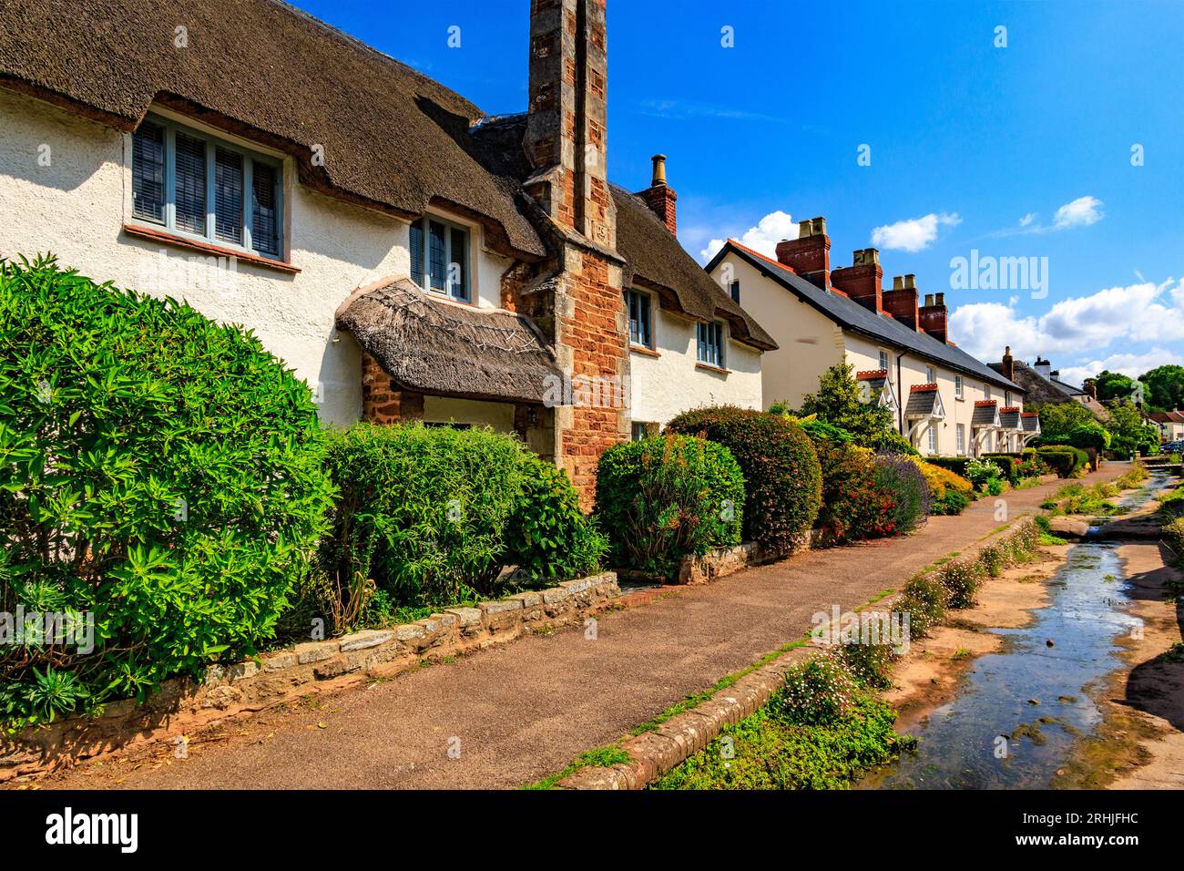 Reetdachhaus und gepflegte Gärten säumen die Hauptstraße in Otterton, Devon, England, Großbritannien Stockfoto