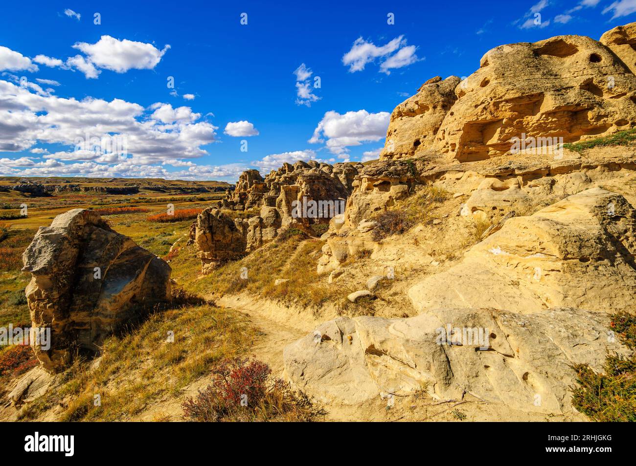 Ein Wanderweg führt vorbei an den steilen Sandsteinklippen hinunter in das Milk River Valley im Writing-on-Stone Provincial Park Stockfoto