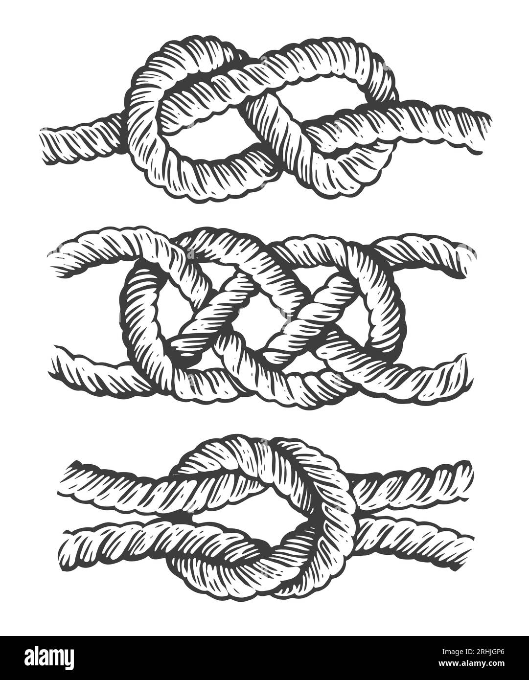 Set mit nautischen Seilknoten. Meereskonzept. Vintage-Skizzenzeichnung Stockfoto
