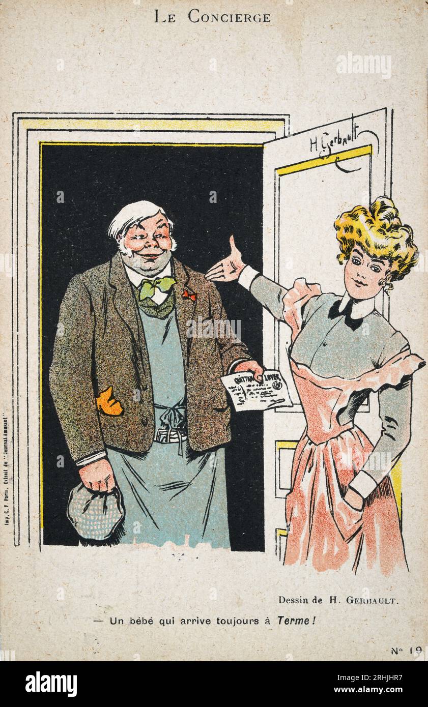 Französische Postkarte im Vintage-Cartoon von Henry Gerbault, ein Mann, der einer schönen Frau eine Bankkarte gibt, Le Concierge, UN bébé qui Ankunft toujours à Terme! A Stockfoto