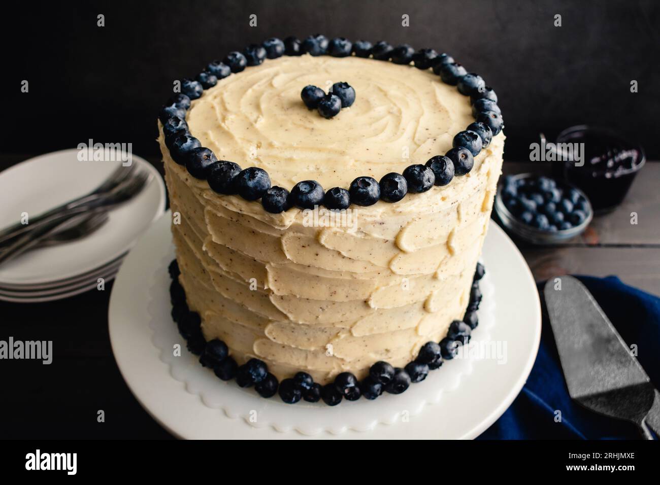 Blueberry Cobbler Cake mit frischen Heidelbeeren dekoriert: Ein ganzer, unverschnittener, dreischichtiger Kuchen mit Blueberry-Streuselfüllung und Vanillebuttercreme-Zuckerglasur Stockfoto
